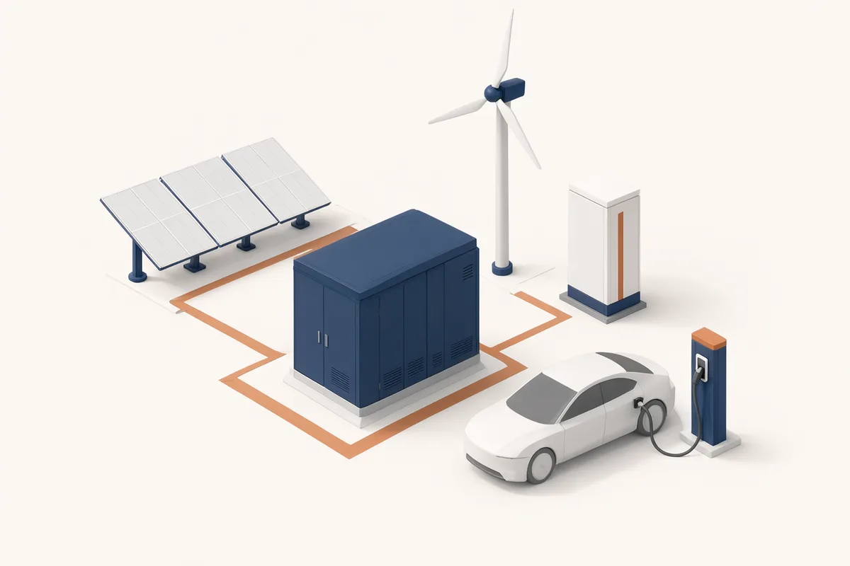 Illustration of solar, wind, battery storage and EV charging linked through a power converter
